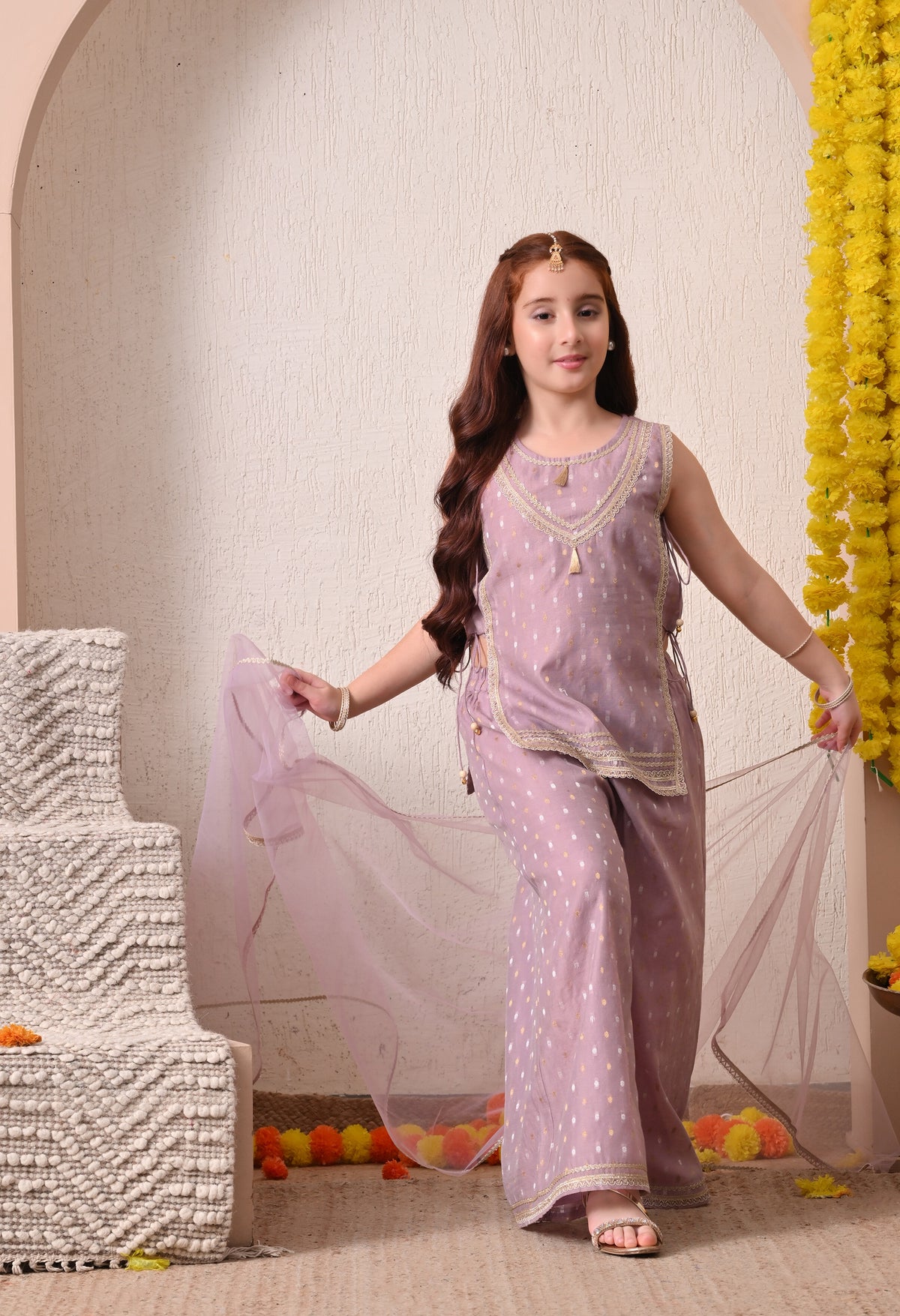 Girls Lavender Ethnic Kurta Palazzo Set with Dupatta