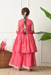 Girls Pink Bandhej printed Kurta with Sharara Set with Dupatta