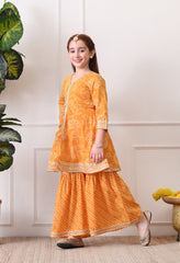 Girl's Mustard Bandhani Print Kurta with Sharara Set Festive Ethnic Ensemble