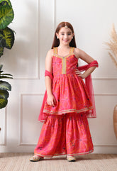 Girl's Pink Sleeveless Printed Kurta Sharara Set with Dupatta