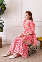 Girl's Pink Floral Printed Peplum Kurta with Sharara Set