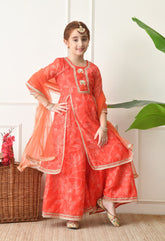 Girls Peach Floral Bandhej Printed Panelled Kurta Sharara Set with Dupatta