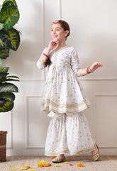 Girls Off White Bandhej foil print Kurta with Sharara Set