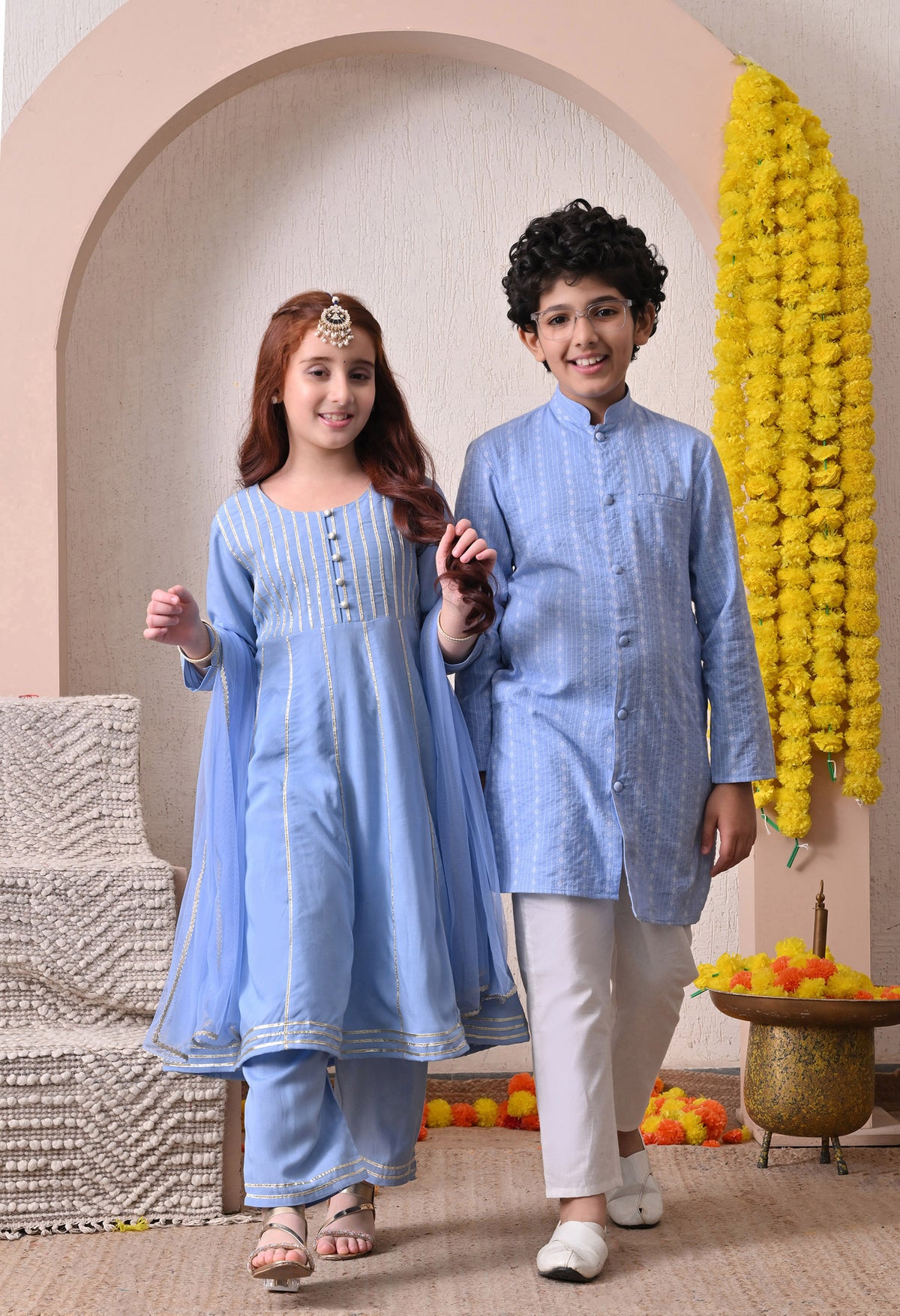 Girls Sky Blue Kurta Set with Dupatta