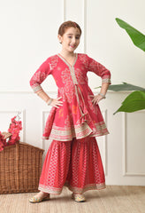 Girls Magenta Printed Peplum Kurta with Sharara Set 2 Piece Ethnic Ensemble