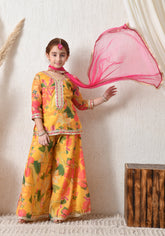 Girl Yellow Floral Printed Sharara Set with Pink Dupatta Festive Ethnic Wear