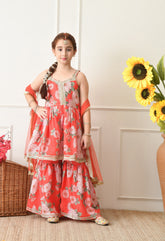 Girl's Red and Pink Floral Printed Sharara Set with Dupatta
