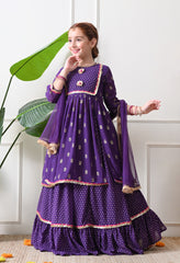 Girls Purple Motif Bandhej foil print Kurta with Frill Skirt Set with Dupatta