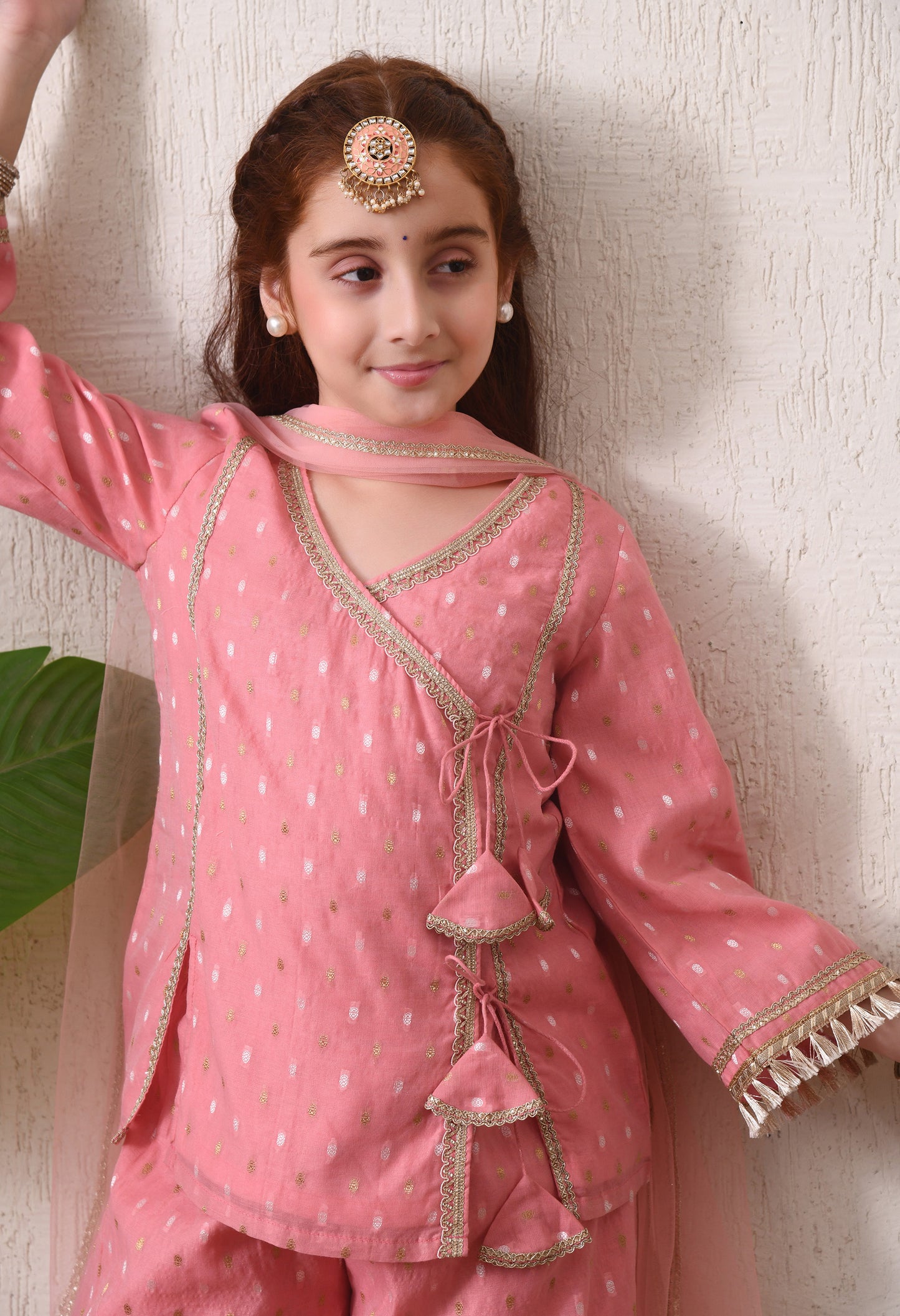 Girls Pink Festive Kurta & Palazzo Set with Dupatta