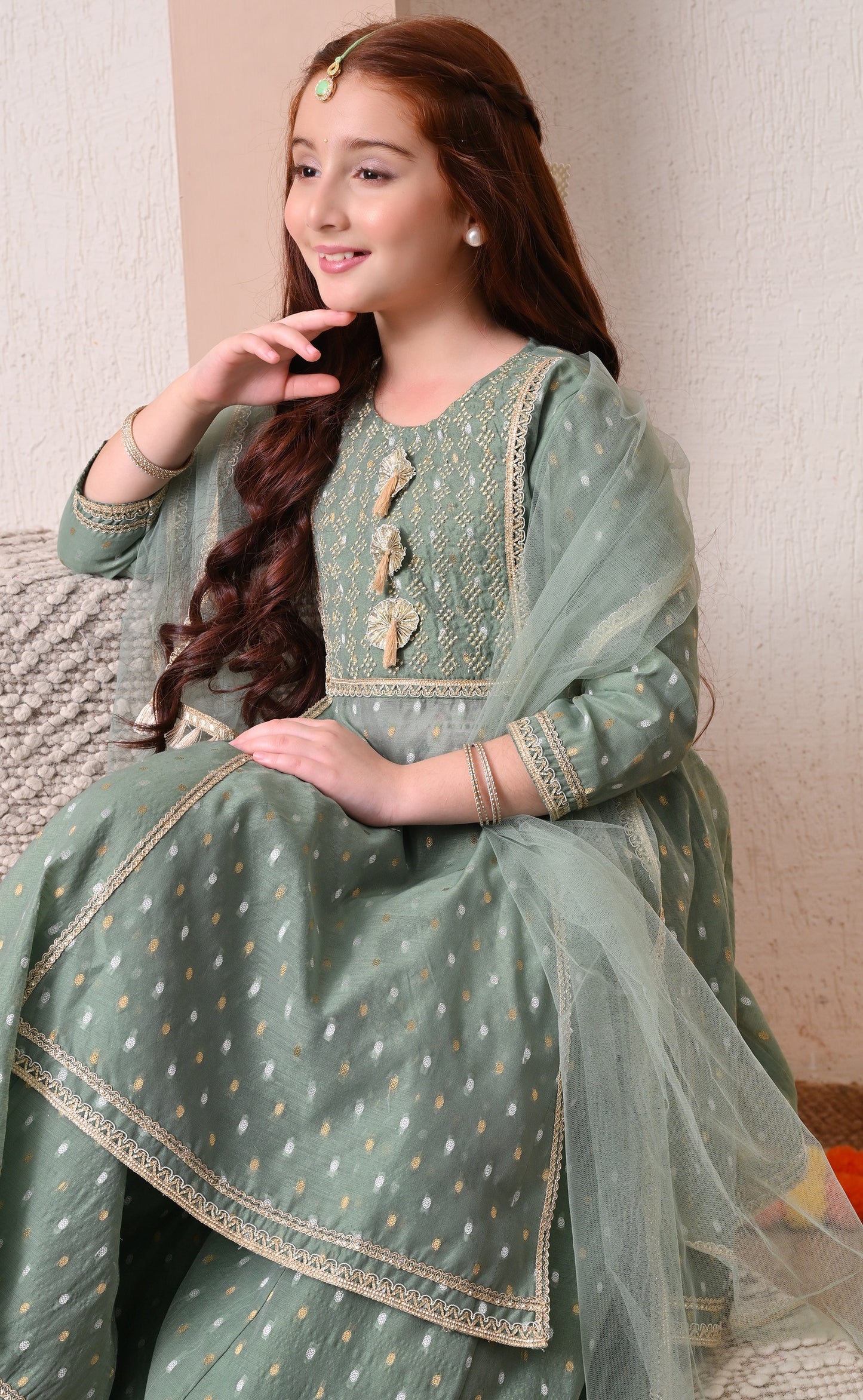 Girls Green Kurta Sharara Set with Dupatta
