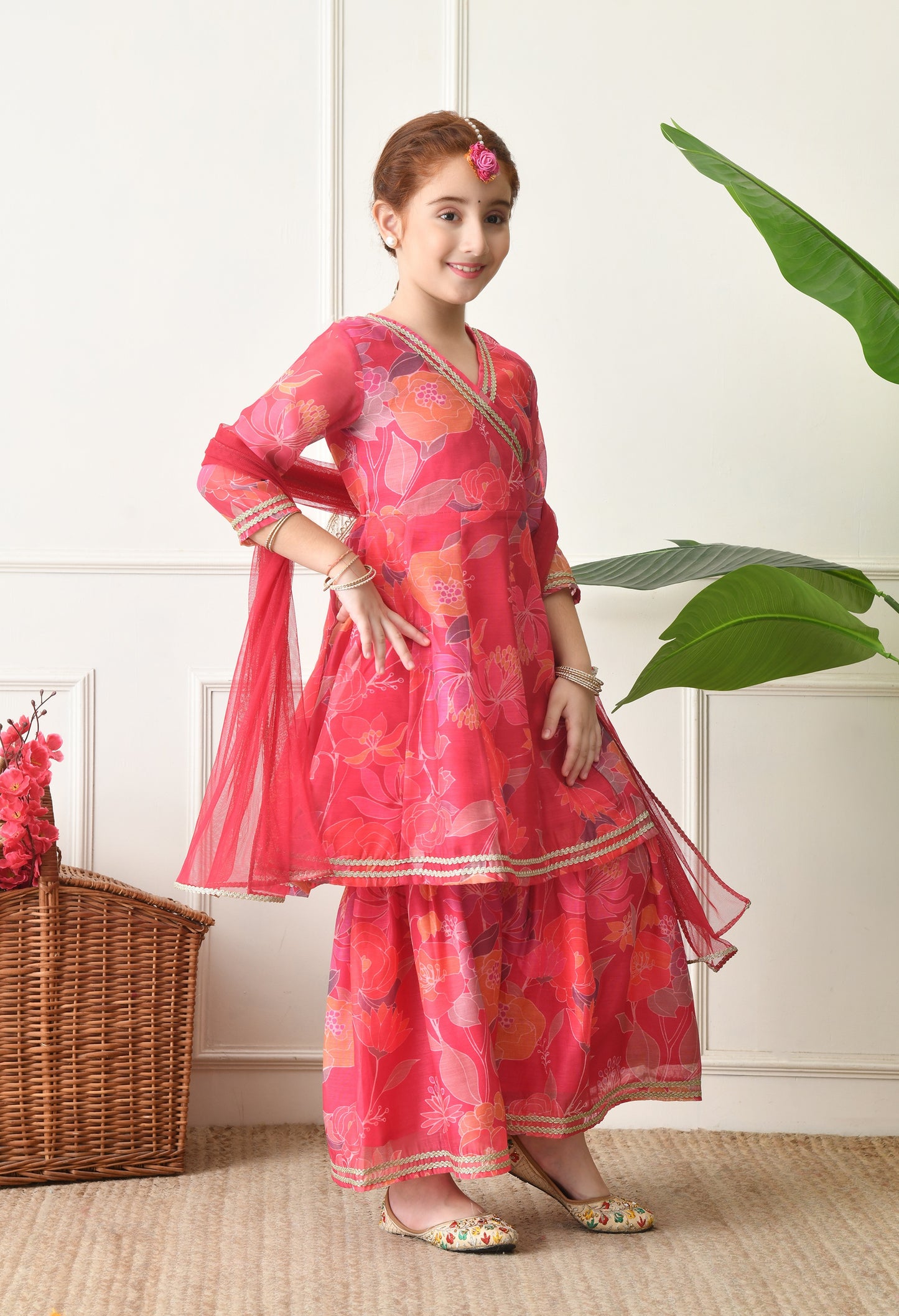 Girls Pink Floral Printed Angrakha Sharara Set with Dupatta