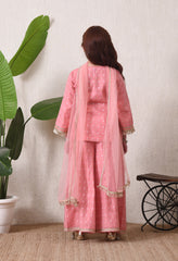 Girls Pink Festive Kurta & Palazzo Set with Dupatta