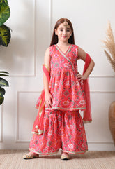 Girl's Peach Sleeveless Printed Kurta Sharara Set with Dupatta