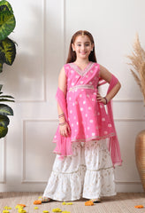 Girls Baby Pink Jacquard Kurta with White Sharara Set