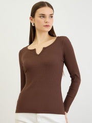 Brown V-Neck Rib Top