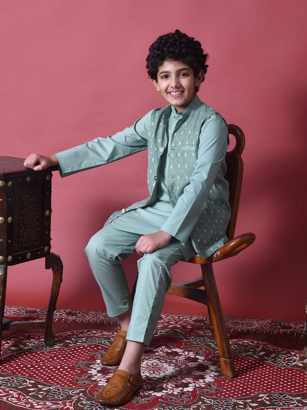 Indi Loom Couture Boys Mint Green Kurta with Chanderi Booti Jacket & Pyjama Set ILBKSJ06