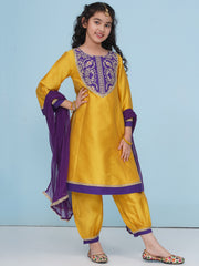 Bitiya by Bhama - Solid Three-Fourth Sleeves Above Knee Length Silk Kurta & Salwar With Dupatta - Yellow