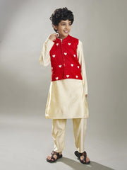 Boys off white kurta pajama with a red embroidery jacket
