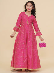 Silk Woven Three Fourth Sleeves Self Design Fit And Flare Ethnic Dress - Pink