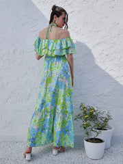 Green Floral Printed Halter Neck Tiered Gathered Crepe Maxi Midi Dress