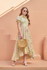 Summer Green Buttoned Satin Midi Dress