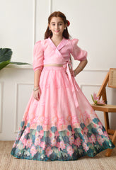 Girls Pink Lotus Print Lehenga Set with Wrap Style Blouse.??