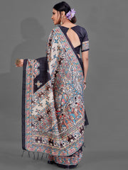 ساري نسائي من الحرير المانيبوري الأسود مطبوع رقميًا بتصميم أنيق مع قطعة بلوزة