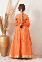 Girls Orange Embroidered Lehenga Choli Set with Net Dupatta