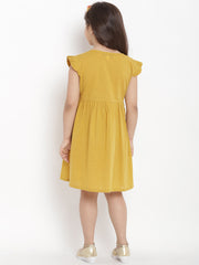 Cotton Blend Woven Half Sleeves Embroidered Flared Frock - Mustard