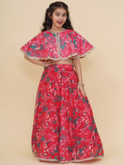 Girls Pink & Green Printed Choli Cape style Pink Ready to Wear Lehenga.