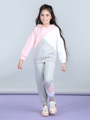 Girls Pink and Grey Color Blocked Tracksuit