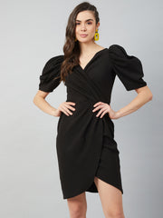 Black Tulip Wrap Dress With Volume Sleeves