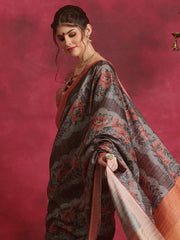 ساري نسائي رمادي مطبوع بتصميم أنيق من مزيج القطن مع قطعة بلوزة