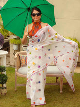 ساري نسائي أبيض مطبوع من القطن والكتان بتصميم أنيق مع قطعة بلوزة