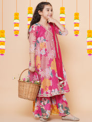 Silk blend Woven Three-Quarter Sleeves Floral Print Flared Kurta And Sharara With Dupatta Set - Pink