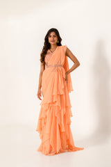 Embellished Orange Blouse with Chiffon Ruffle Saree