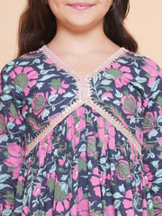 Girls Navy Blue Pink Floral Printed Kurta With Palazzos