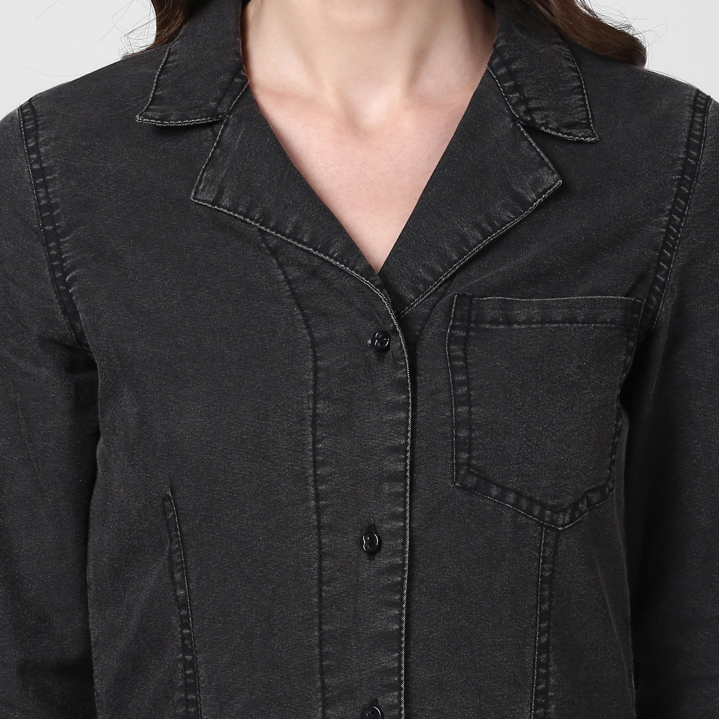 StyleStone Women's Black Denim Lapel Style Shirt Dress