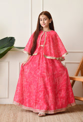 Girls’ Pink Printed Lehenga with Matching Cape and Crop Top Set