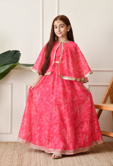 Girls’ Pink Printed Lehenga with Matching Cape and Crop Top Set