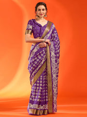 ساري نسائي من مزيج الحرير، مطبوع باللون البنفسجي، بتصميم أنيق، مع قطعة بلوزة.