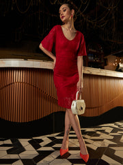 Self Design Bell Sleeves Lace A-Line Dress