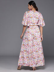 Women Grey Floral Printed Flared Sleeves, Front Open With Tie Up Details Crop Top Paired With Flared Bottom