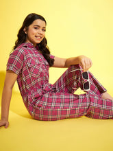 Girls Cotton Pink Checkered Jumpsuit