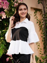 White & Black Colourblocked Pure Cotton Peplum Top