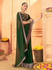 Women's Georgette Green Embellished DesignerSaree With Blouse Piece