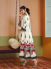 Off White Floral Printed Anarkali Flared Kurta with Palazzos Dupatta.