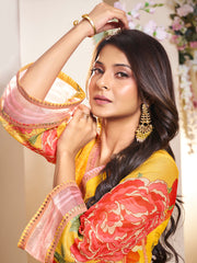 Yellow Colour Floral Printed Flared Anarkali Kurta with Palazzos Dupatta.