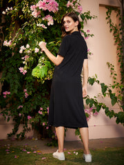 Black Self Design Shirt Collar T-Shirt Dress