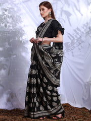 ساري نسائي أسود مطبوع من حرير بهجالبوري مع قطعة بلوزة